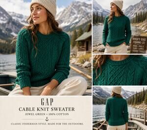 NWT GAP Cable Knit Sweater XS Jewel Green Cotton Fisherman Crewneck Preppy